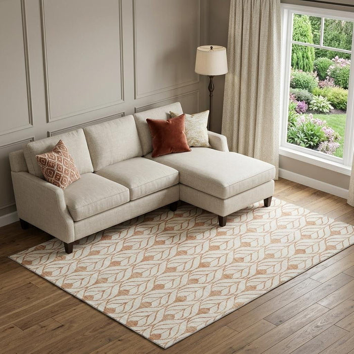 10' X 14' Geometric Washable Area Rug With UV Protection (673747) - Salmon / Ivory