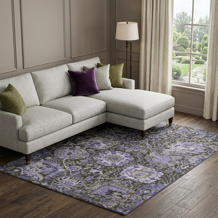 10' X 14' Damask Washable Area Rug With UV Protection (692982) - Purple / Gray / Silver