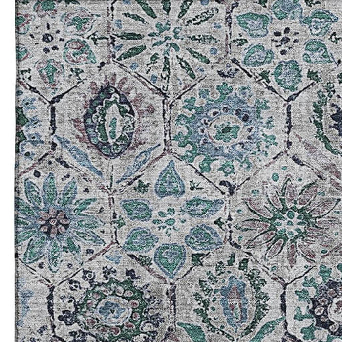 10' X 14' Floral Washable Area Rug With UV Protection (708679) - Teal / Gray / Silver