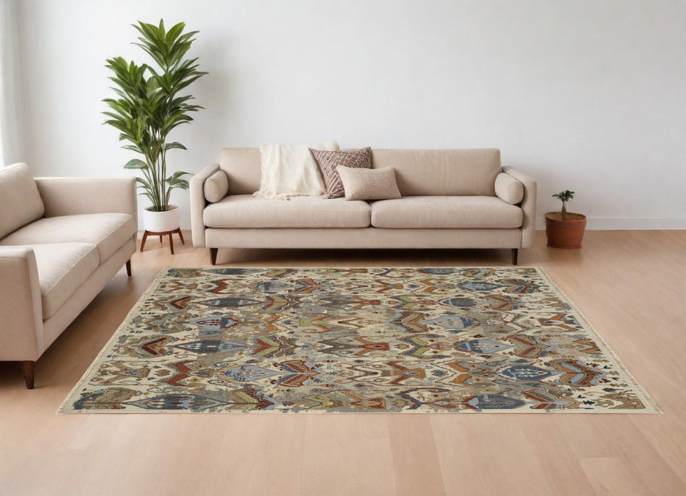 8' x 12' Wool Ikat Hand Knotted Area Rug With Fringe - Ivory Blue And Brown