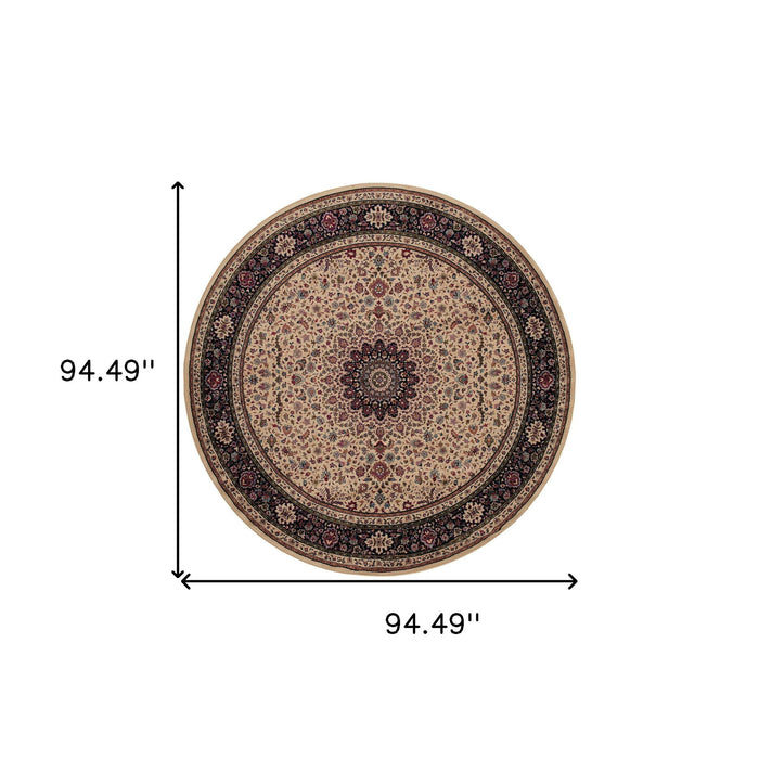8' Oriental Round Rug - Ivory / Black