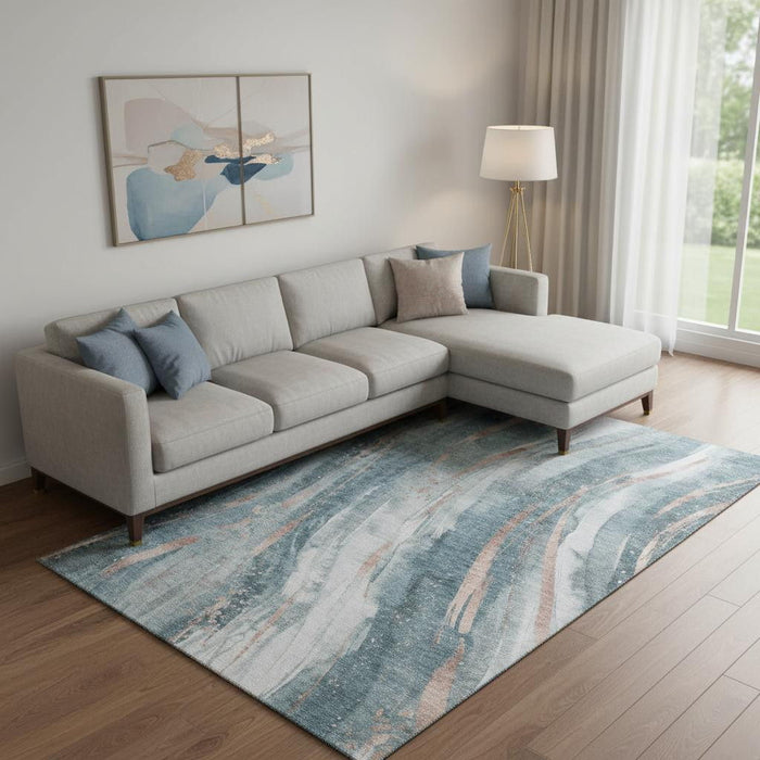 10' X 14' Abstract Washable Area Rug With UV Protection (696812) - Teal / Peach / Ivory
