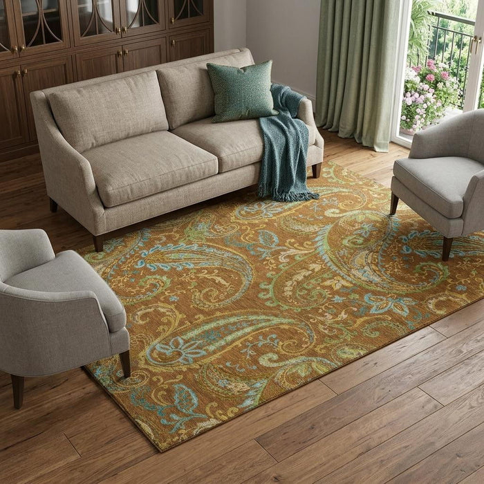 9' X 12' Paisley Washable Area Rug With UV Protection (647991) - Rust / Blue / Green