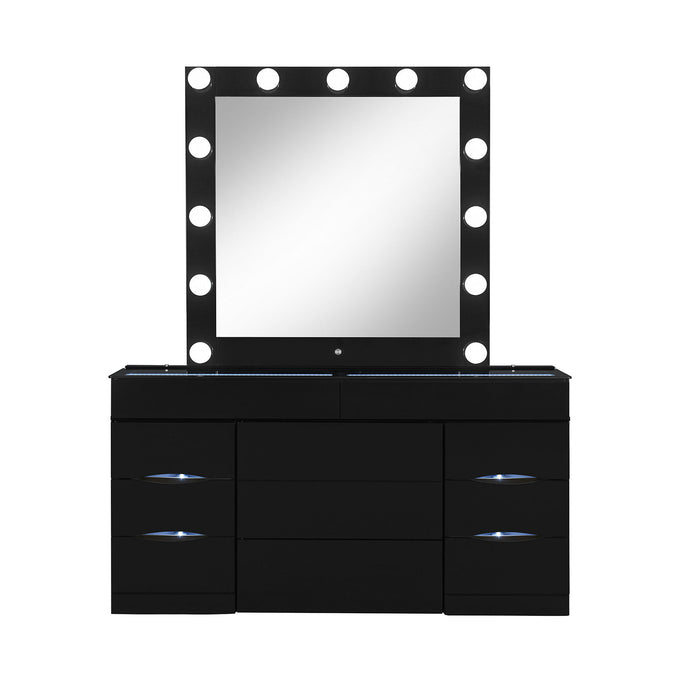 Black 62-inch wood and glass vanity set with six drawers, mirror, seating, and built-in lights by HomeRoots.