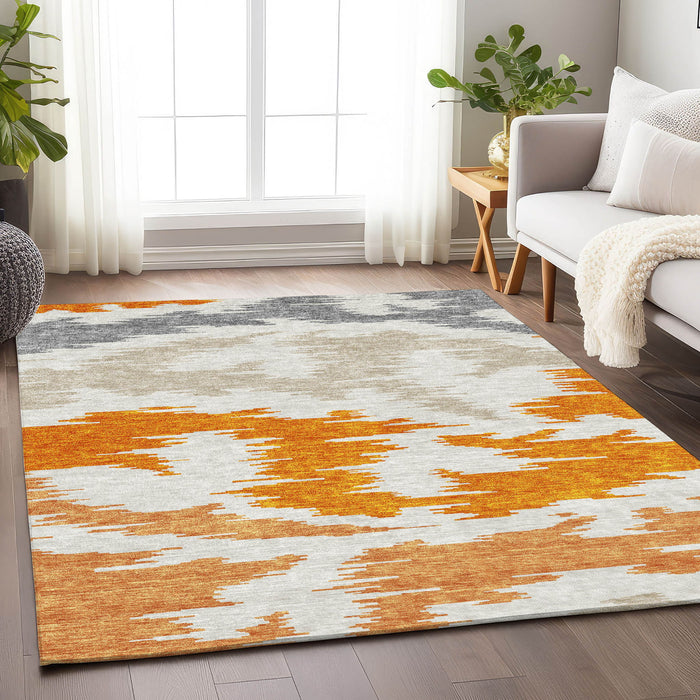 9' X 12' Transitional Abstract Washable Area Rug With UV Protection - Orange