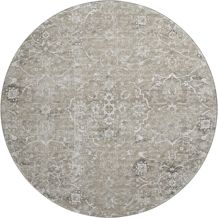 8' Floral Medallion Distressed Washable Round Rug With UV Protection (644207) - Stone / Coffee