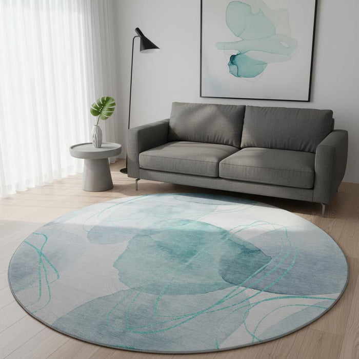 8' Abstract Washable Round Rug With UV Protection (648439) - Teal / Ivory