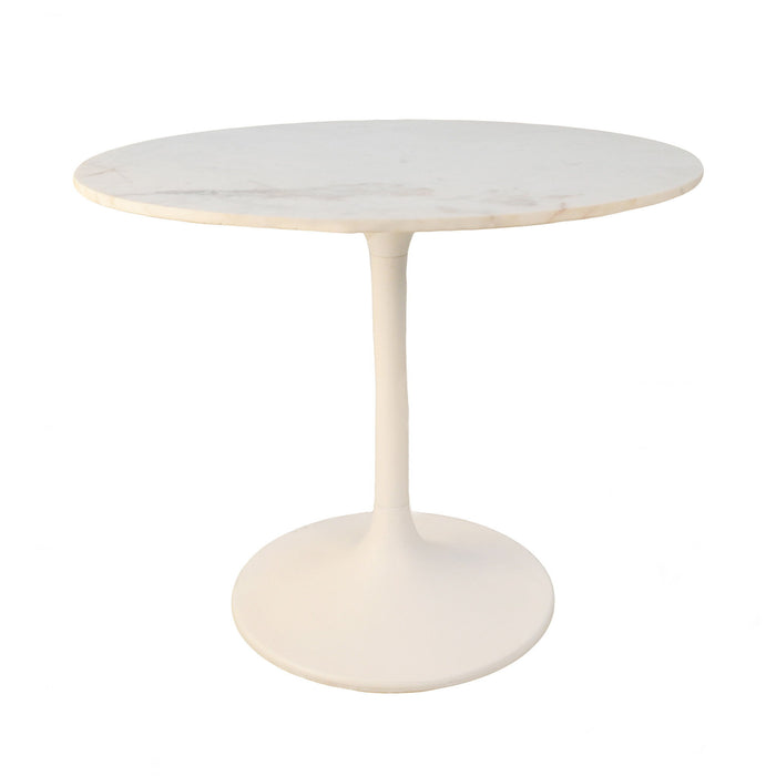 36" Rounded Marble And Iron Pedestal Base Dining Table - White