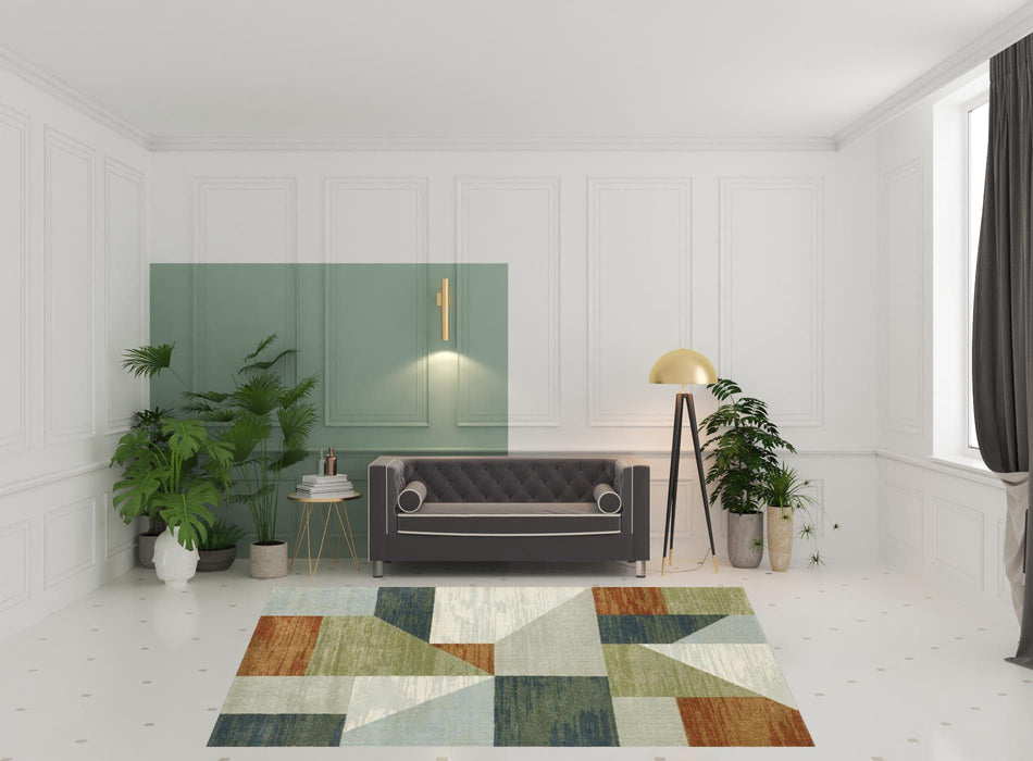8' x 10' Geometric Power Loom Stain Resistant Area Rug - Gray Teal Blue Rust Green And Ivory