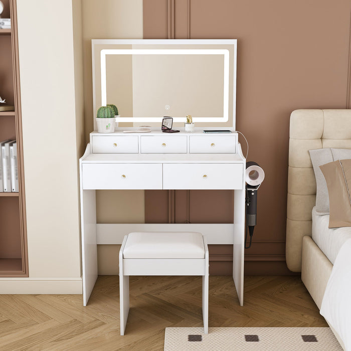 Giga modern makeup vanity set with adjustable lighting, power outlet, and hair dryer holder, featuring a sleek design and mirror.