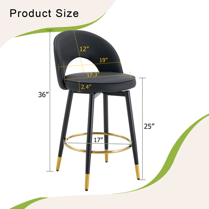 Set of two Giga modern upholstered bar stools with 360° rotatable seats and metal legs for dining room use.
