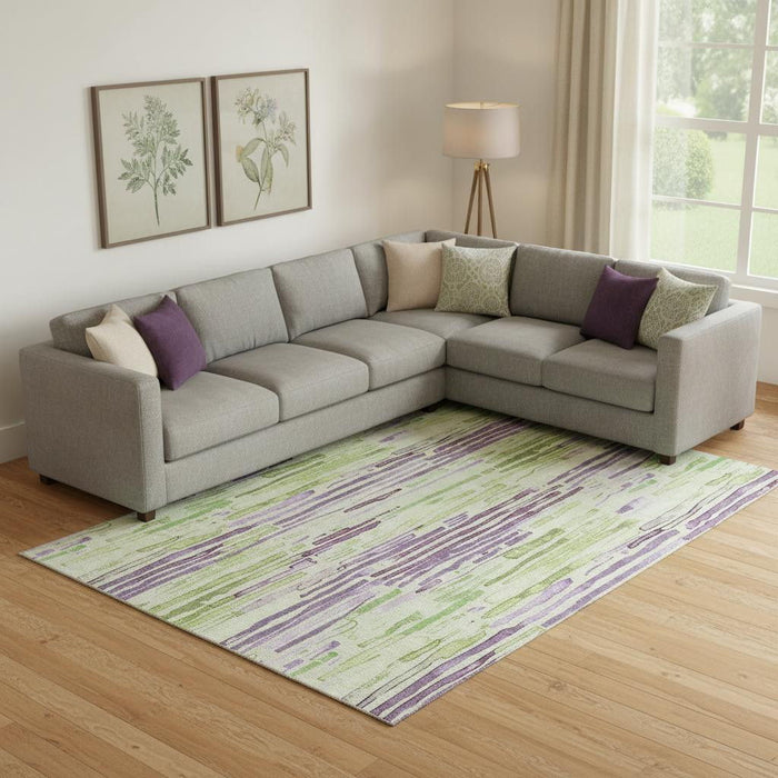 10' X 14' Striped Washable Area Rug With UV Protection (697128) - Artichoke Green / Lavender / Ivory