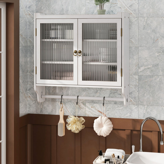 White washed Giga vintage double door wall medicine cabinet with three-tier storage and towel rack, ideal for bathroom organization.