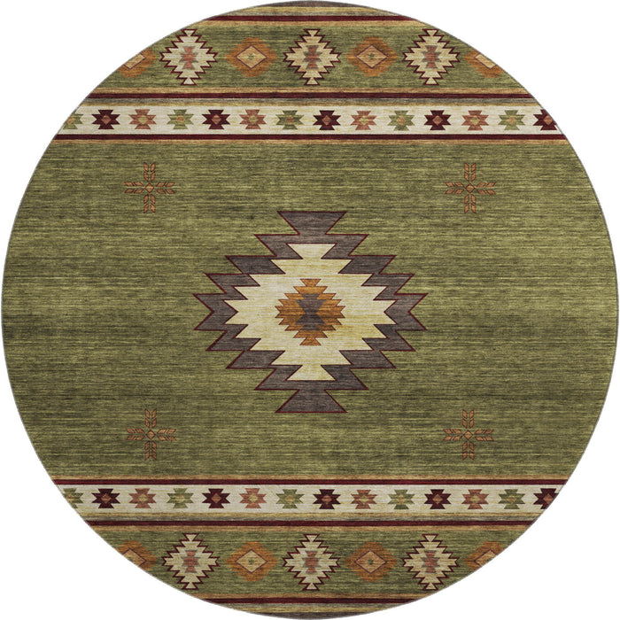 8' Southwest Geometric Washable Round Rug With UV Protection - Green
