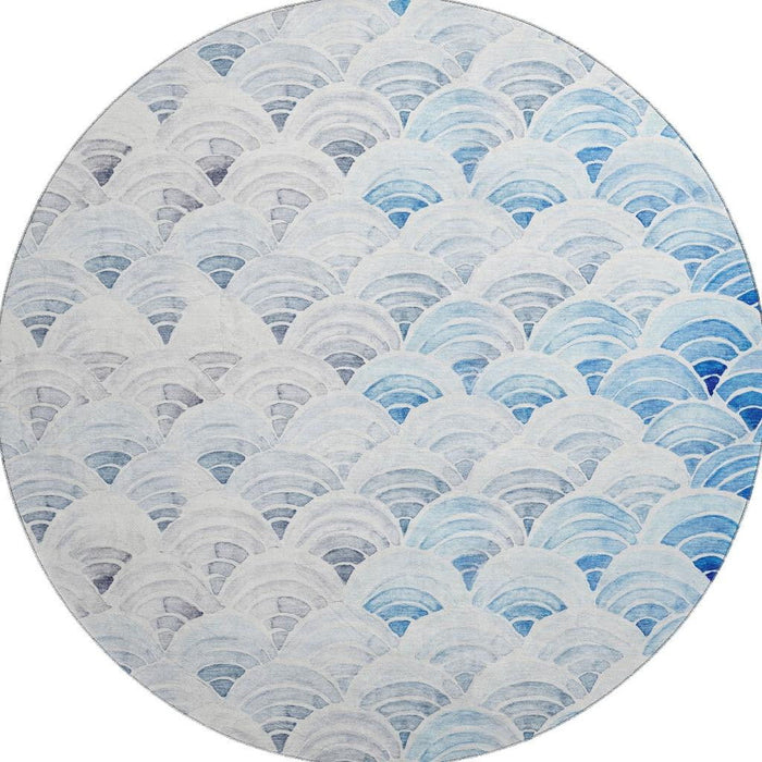 8' Geometric Washable Round Rug With UV Protection (645807) - Blue / Ivory / Gray