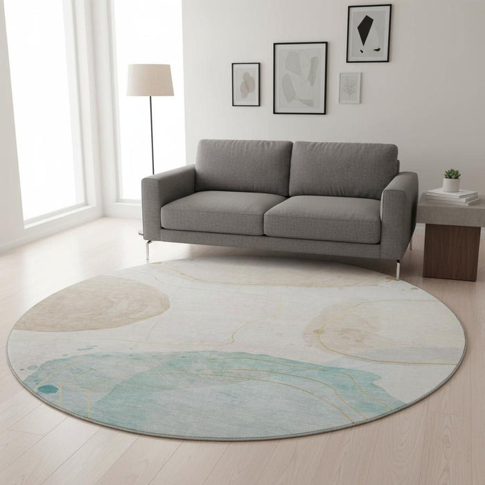 8' Abstract Washable Round Rug With UV Protection (648457) - Beige / Ivory / Teal