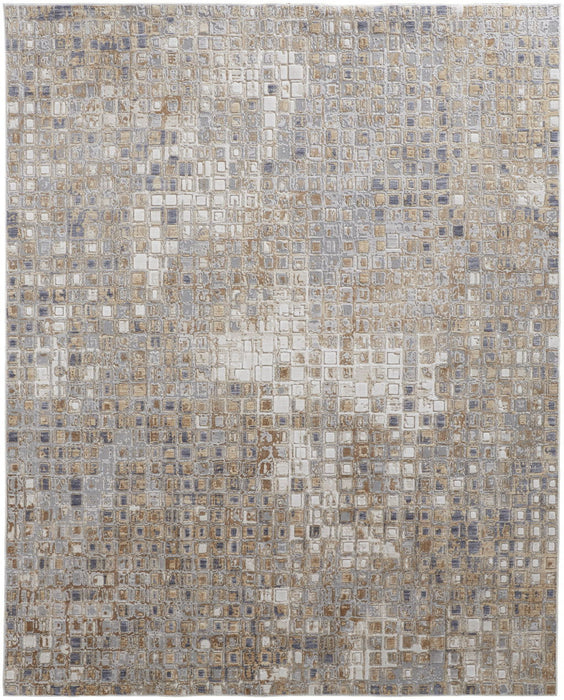 8' x 10' Geometric Power Loom Distressed Area Rug - Tan Ivory And Blue