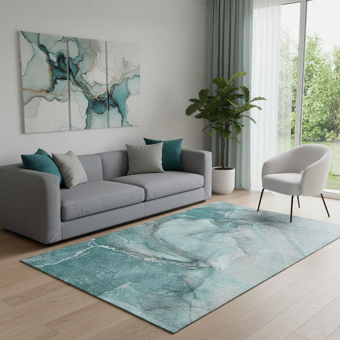5' X 8' Abstract Washable Area Rug With UV Protection (647430) - Teal / Gray / Ivory
