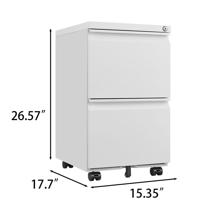 Giga metal 2-drawer lockable filing cabinet with rolling wheels, fits letter, legal, and A4 paper for home office organization.