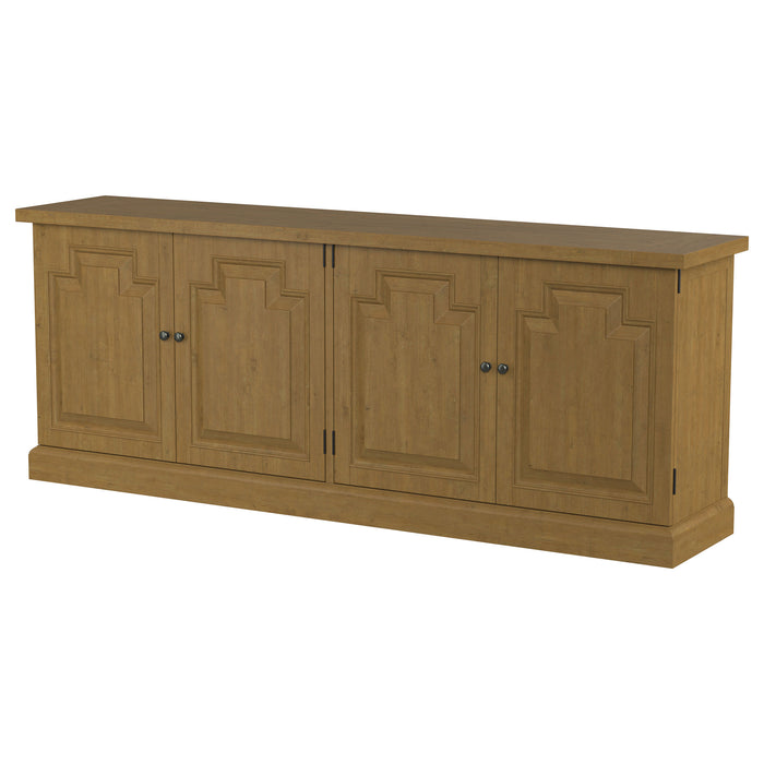 Rustic honey finish Florence 4-door dining sideboard by CoasterElevations, showcasing wood grain and spacious storage cabinets.