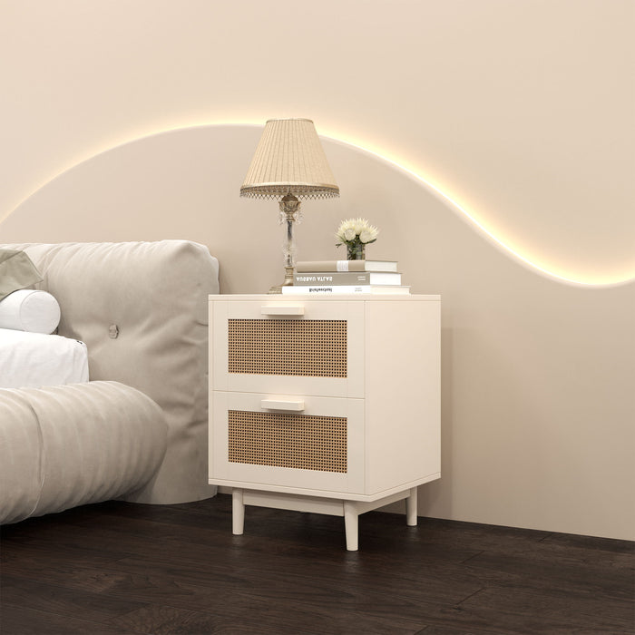 Giga antique natural rattan accent nightstand with two drawers and storage space, ideal for bedroom decor.