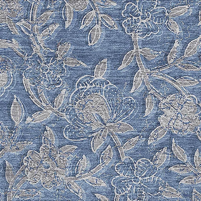 10' X 14' Floral Washable Area Rug With UV Protection - Denim Blue And Taupe