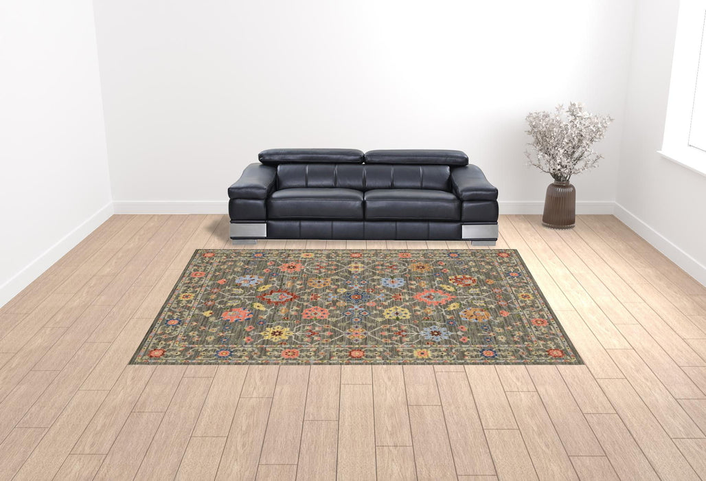 10' x 13' Oriental Power Loom Stain Resistant Area Rug With Fringe - Gray Salmon Pink Gold Blue Rust Deep Blue Ivory And Green