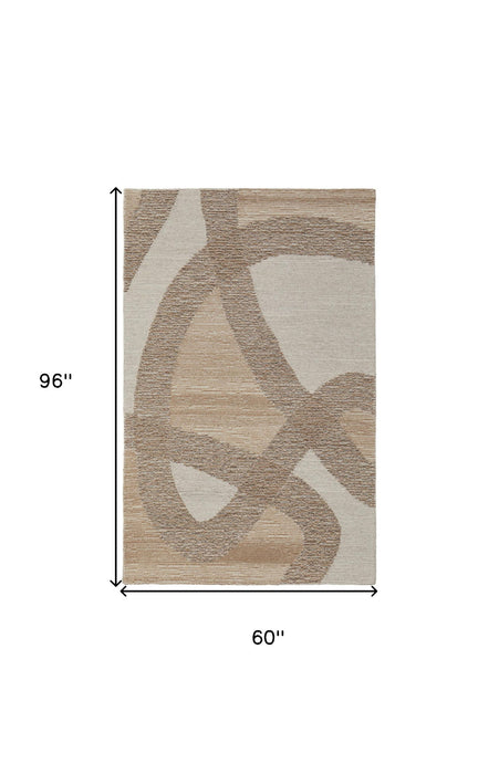 5' x 8' Bohemian Wool Abstract Hand Tufted Area Rug - Brown Tan And Ivory
