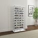 CoasterEveryday Montara tempered glass wine storage LED curio cabinet with chrome accents, showcasing elegant furniture design and glass shelving.