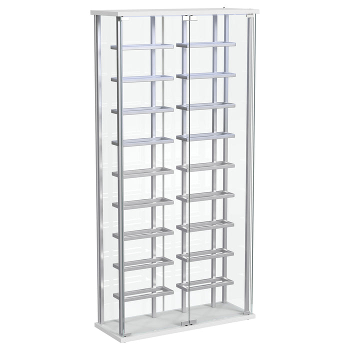 CoasterEveryday Montara tempered glass wine storage LED curio cabinet with chrome accents, showcasing its elegant furniture design and glass shelves.