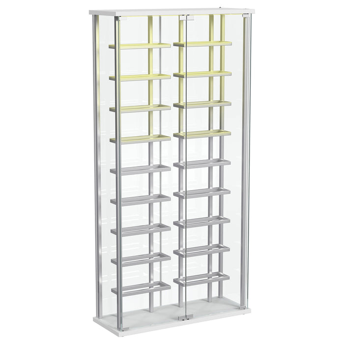 CoasterEveryday Montara tempered glass wine storage LED curio cabinet with chrome accents, showcasing sleek furniture design and glass panels.