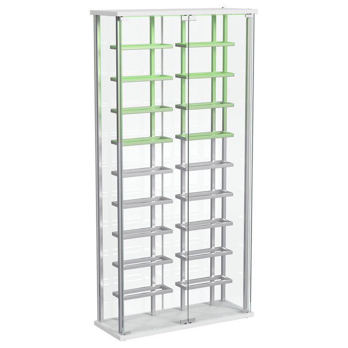 CoasterEveryday Montara tempered glass wine storage LED curio cabinet with chrome accents, showcasing elegant furniture design.