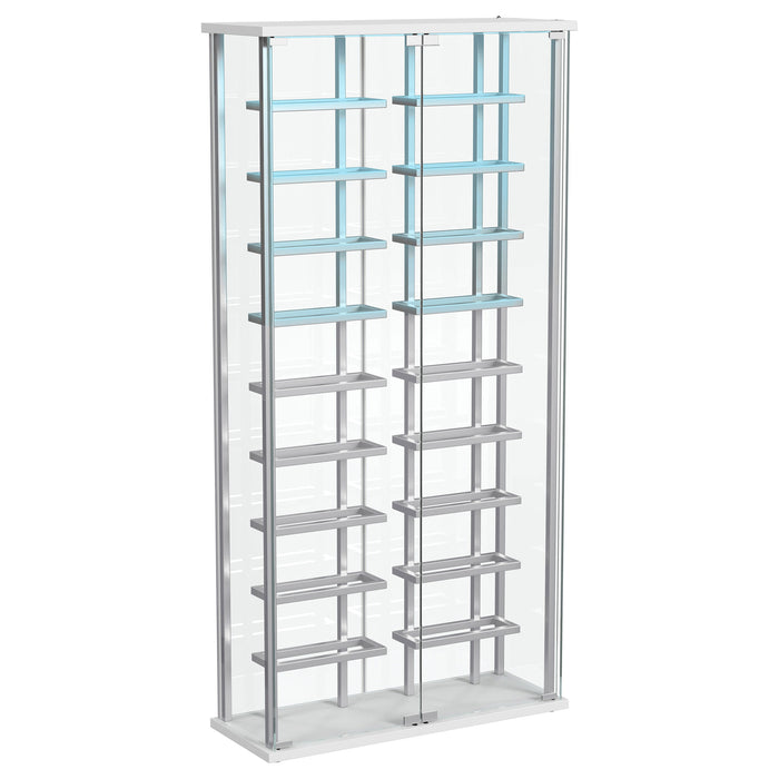 CoasterEveryday Montara tempered glass wine storage LED curio cabinet with chrome accents, showcasing elegant furniture design.