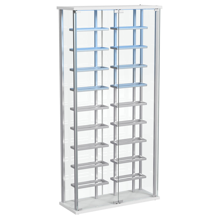 Montara tempered glass wine storage LED curio cabinet by CoasterEveryday featuring chrome accents and sleek furniture design.