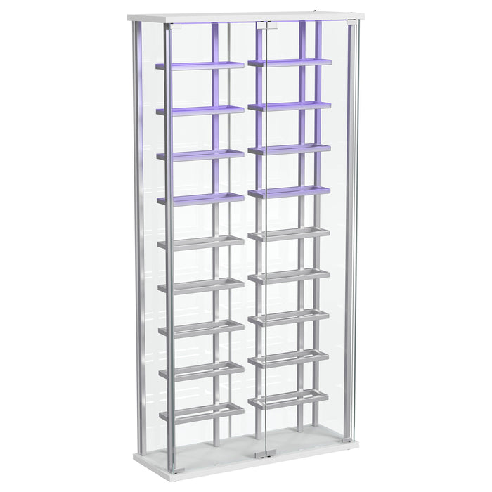 CoasterEveryday Montara tempered glass wine storage LED curio cabinet with chrome accents, showcasing elegant furniture with glass shelves.