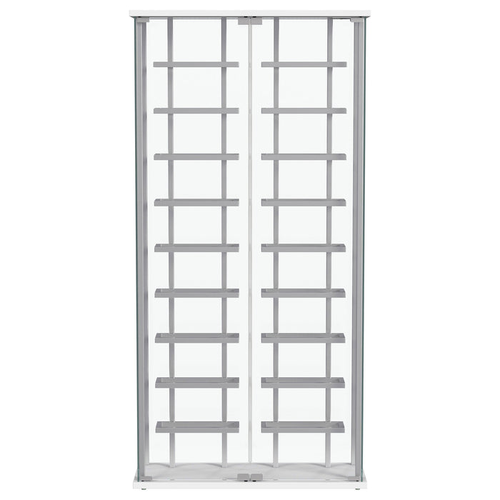 Montara tempered glass wine storage LED curio cabinet by CoasterEveryday, featuring chrome accents and display shelves.