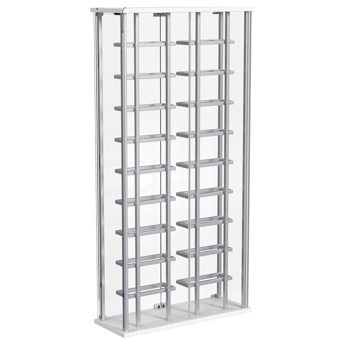 Montara tempered glass wine storage LED curio cabinet with chrome accents, showcasing elegant furniture design and interior lighting.