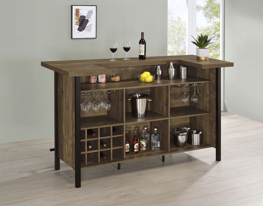 Rustic oak Bellemore freestanding home bar wine cabinet by CoasterEssence showing shelves and storage compartments.