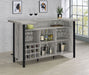 Grey driftwood Bellemore freestanding home bar wine cabinet by CoasterEssence featuring storage shelves and a sleek furniture design.