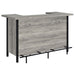 CoasterEssence Bellemore freestanding home bar wine cabinet in grey driftwood finish, showcasing shelves and storage compartments.