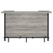 CoasterEssence Bellemore freestanding home bar wine cabinet in grey driftwood with shelves and storage compartments.
