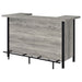 Grey driftwood Bellemore freestanding home bar wine cabinet by CoasterEssence, showing storage shelves and wine bottle compartments.