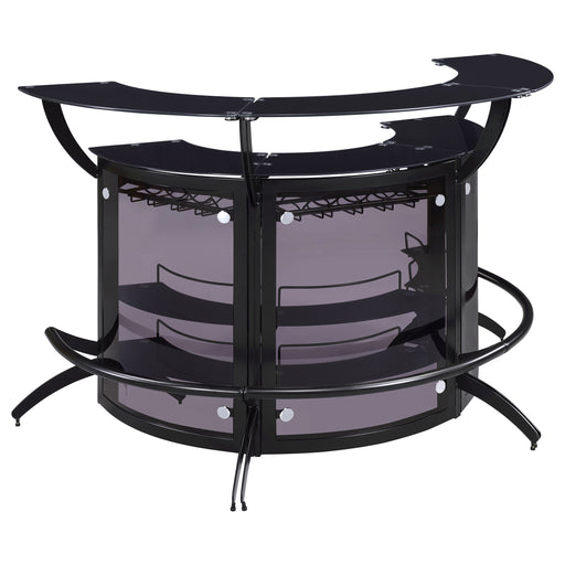 CoasterEssence Dallas 3-piece curved black home bar set with storage, featuring a freestanding furniture design and sleek finish.