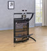 Black Dallas curved freestanding home bar cabinet by CoasterEssence with storage, featuring a sleek modern design and curved silhouette.