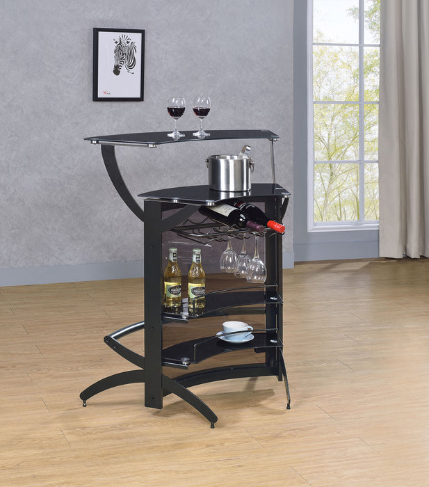 Black Dallas curved freestanding home bar cabinet by CoasterEssence with storage, featuring a sleek modern design and curved structure.