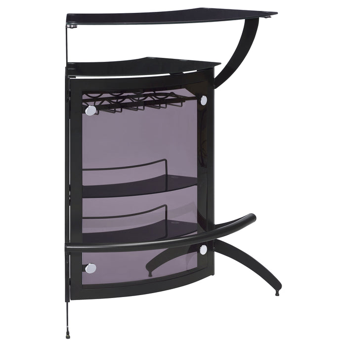 Black Dallas curved freestanding home bar cabinet with storage from CoasterEssence, showcasing shelves and a sleek modern design.