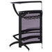 CoasterEssence Dallas curved black freestanding home bar cabinet with storage, featuring a sleek modern design and multiple compartments.