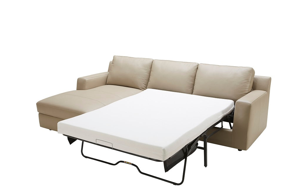 Jenny Premium Leather Sectional Sleeper in Beige In Right Or Left Hand Facing Chaise.