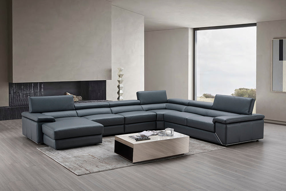 J & M Furniture Kobe Left Facing Leather Sectional in Blue Grey