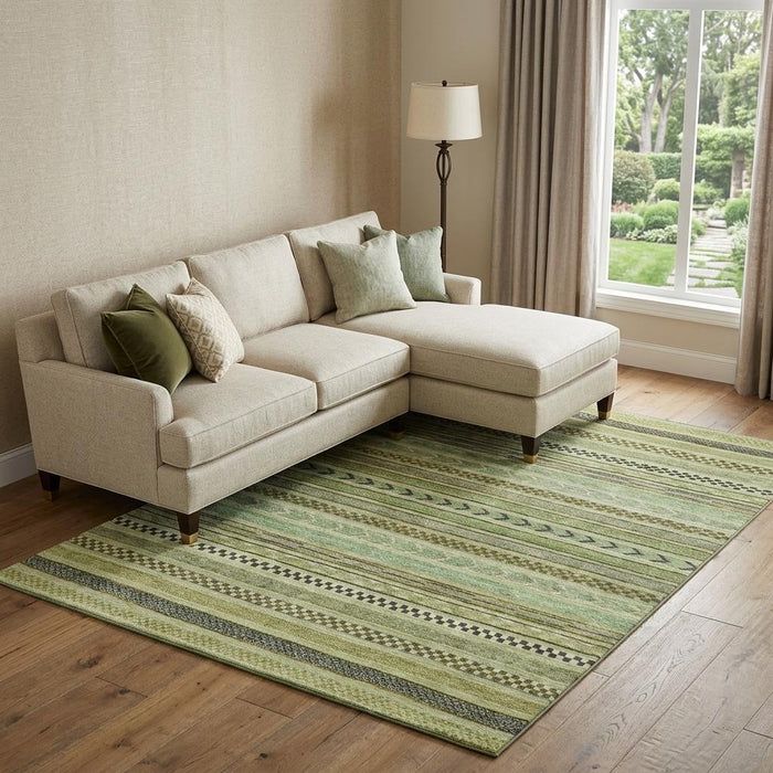 10' X 14' Striped Washable Area Rug With UV Protection (695156) - Artichoke Green / Gray / Sage